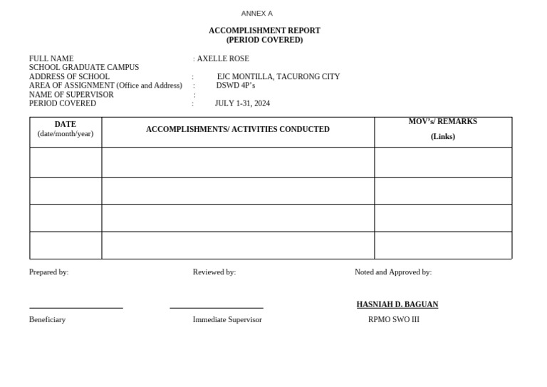 Annex A - Accomplishment Report For DTR | PDF