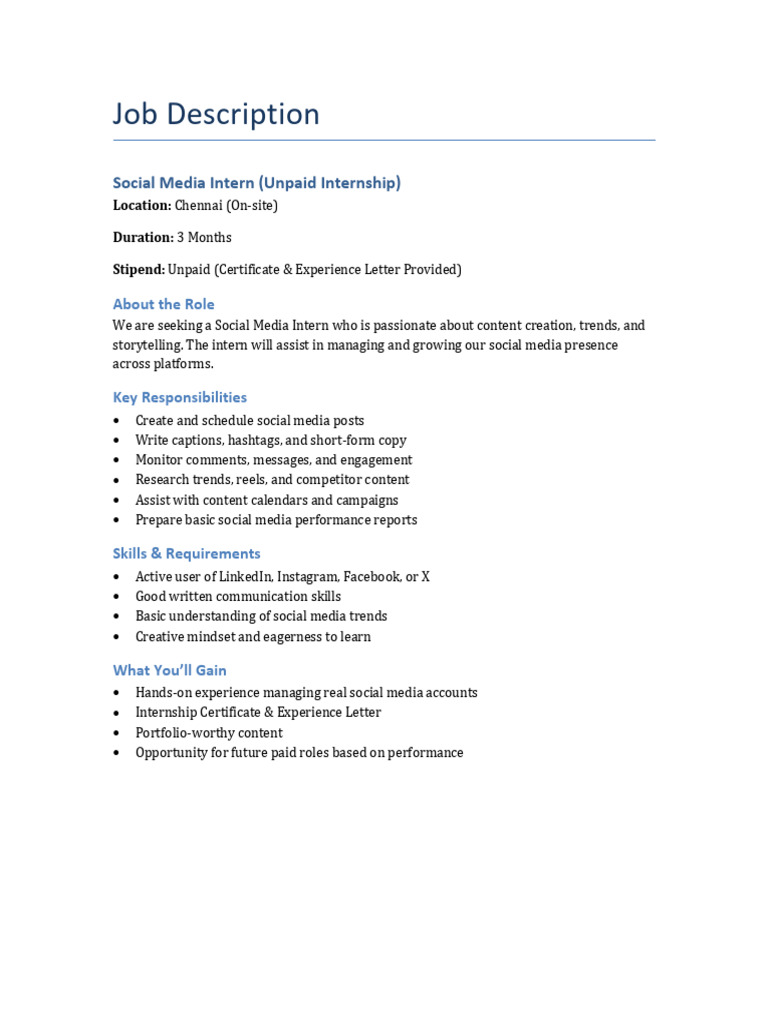 Social Media Intern JD Unpaid | PDF