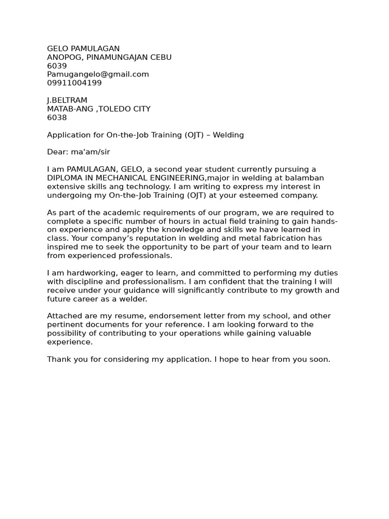 Application Letter OJT | PDF