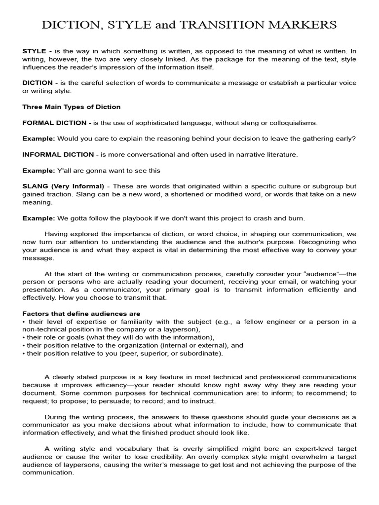 Style Diction and Transition Markers | PDF | Jargon | Human Communication