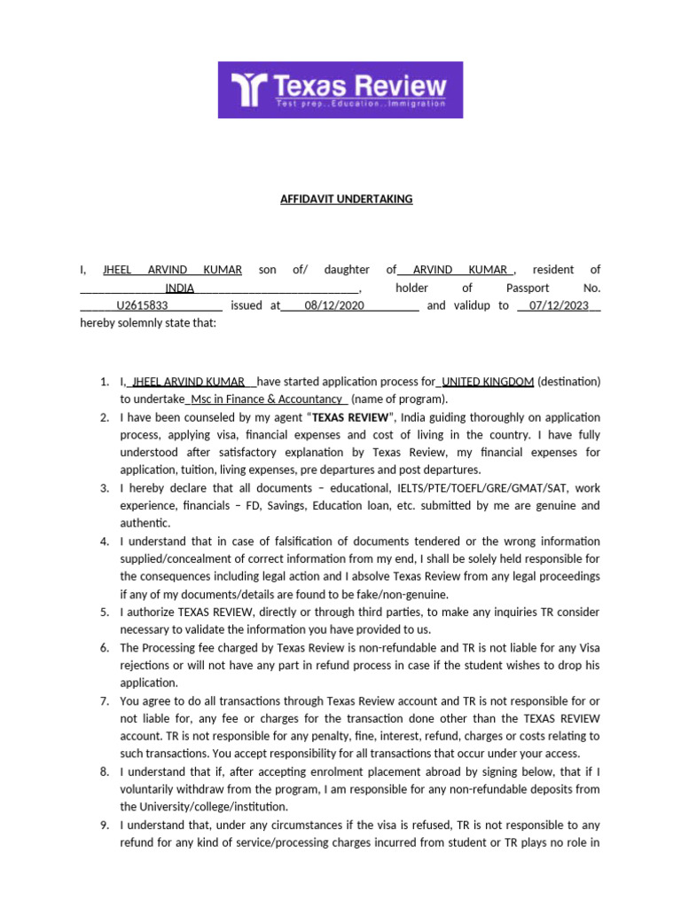 Student Undertaking Affidavit | PDF | Cost Of Living | Fee