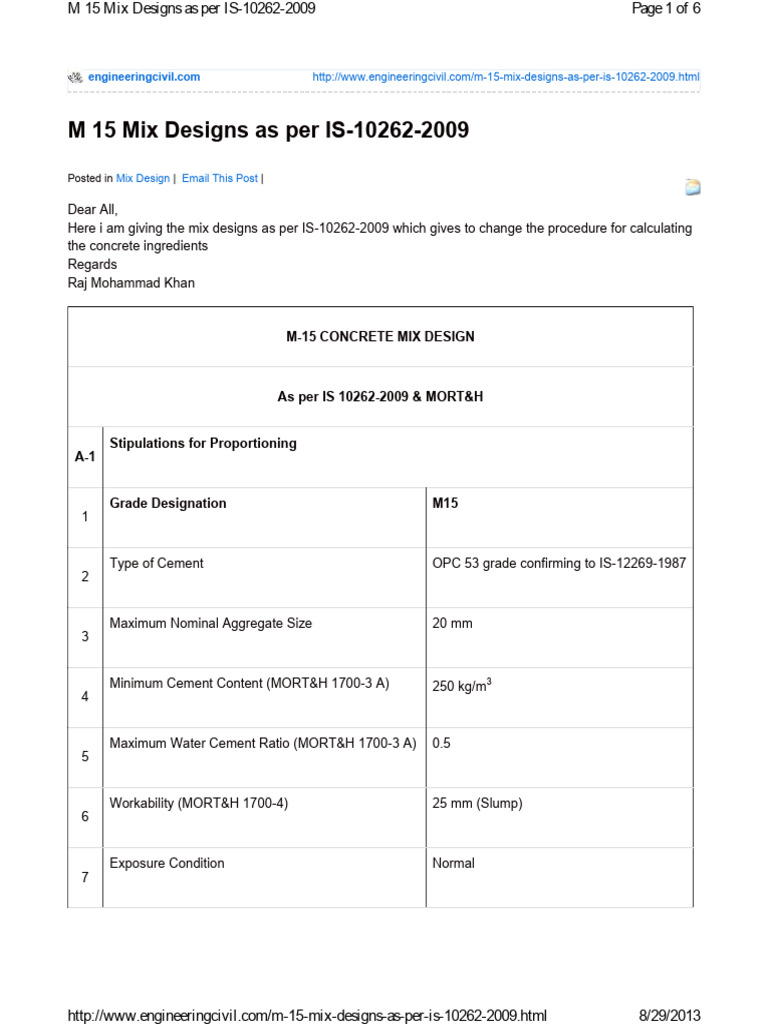 m 15 Mix Designs as Per is 1026 | PDF | Concrete | Construction Aggregate