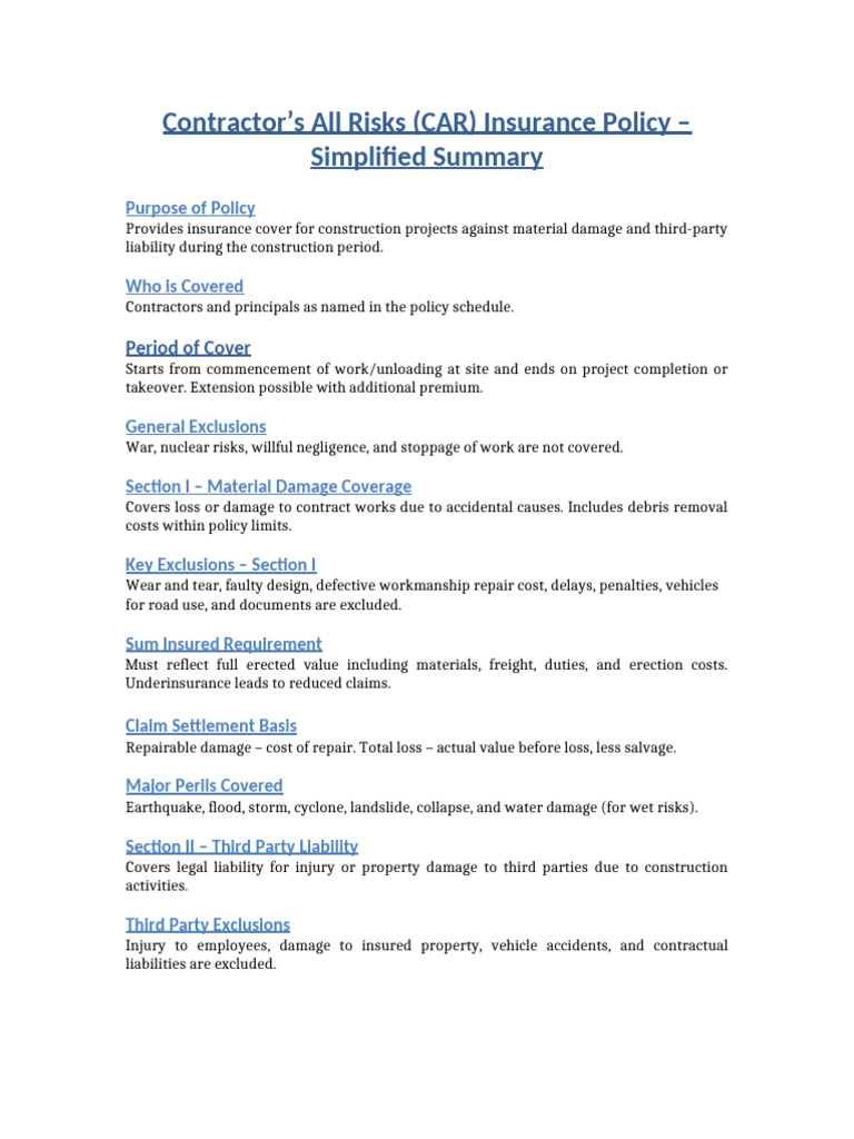 CAR Policy Simplified Summary | PDF