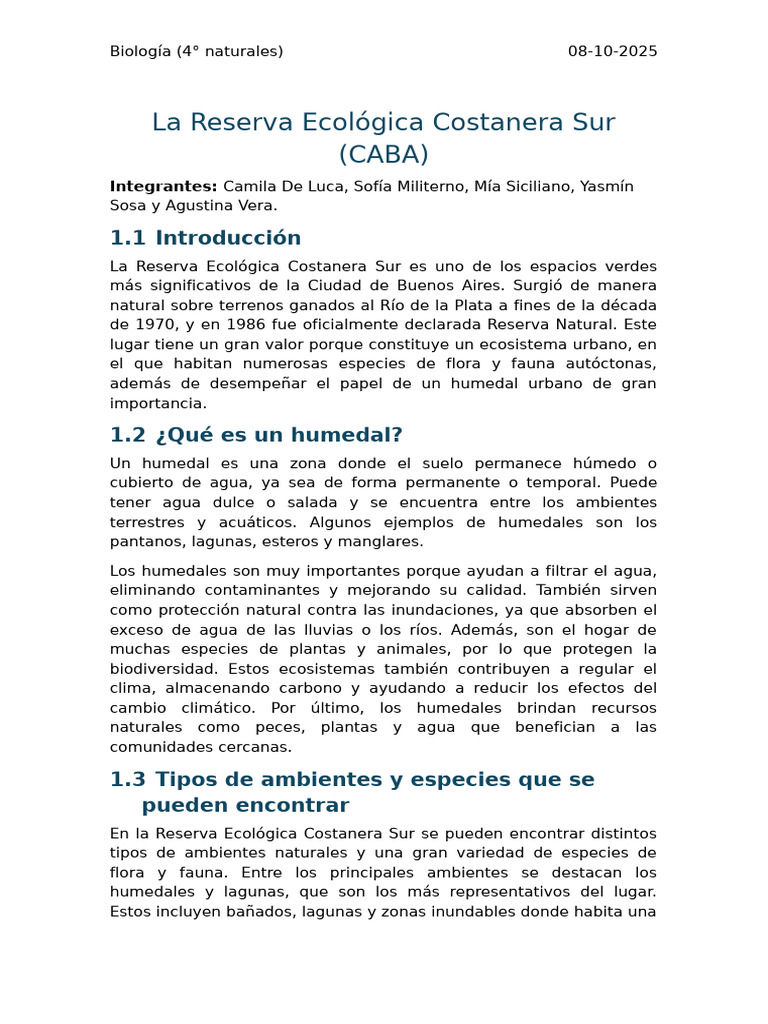 La Reserva Ecológica Costanera Sur - Informe | PDF | Humedal | Entorno ...