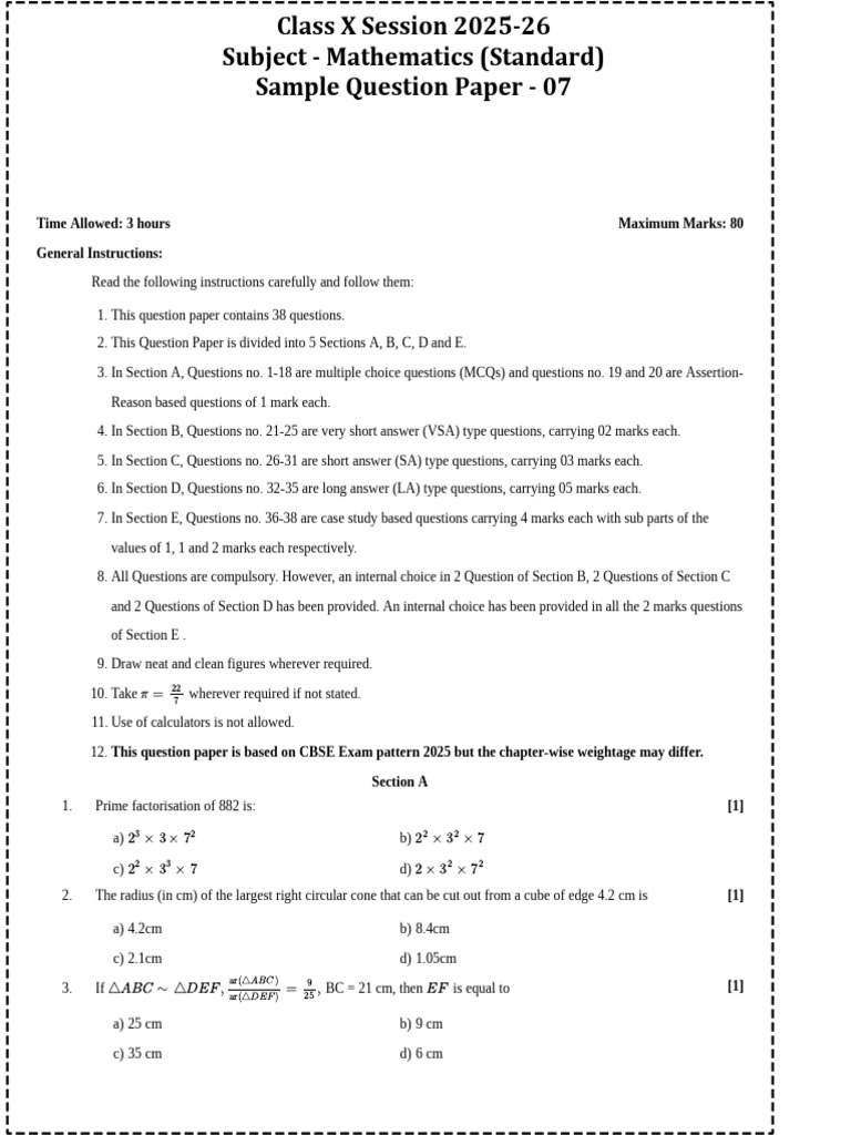 Maths Standard CBSE Class 10 Sample Paper | PDF | Sphere | Area