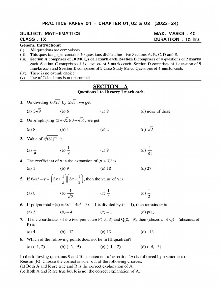 Maths Class Ix Chapter 01 02 and 03 Practice Paper 01 | PDF