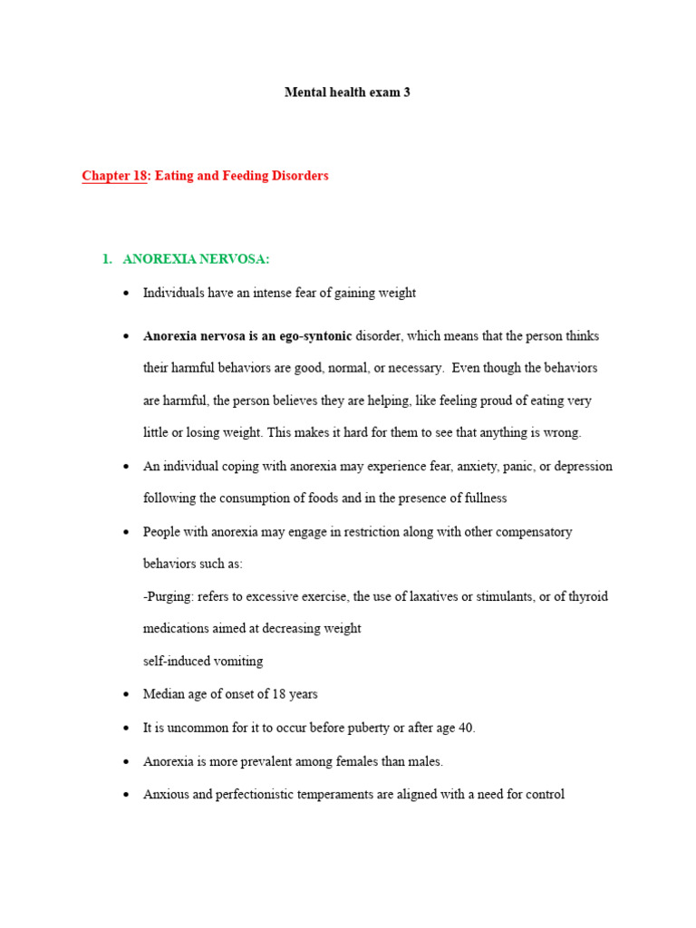 Mental Health Exam 3 - Chapter 18 | PDF | Anorexia Nervosa | Bulimia ...