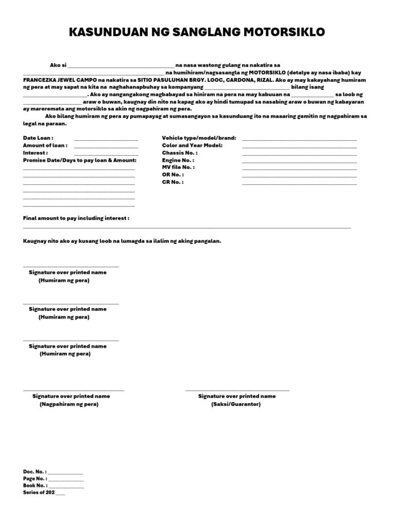Kasunduan NG Sanglang Motorsiklo PDF | PDF