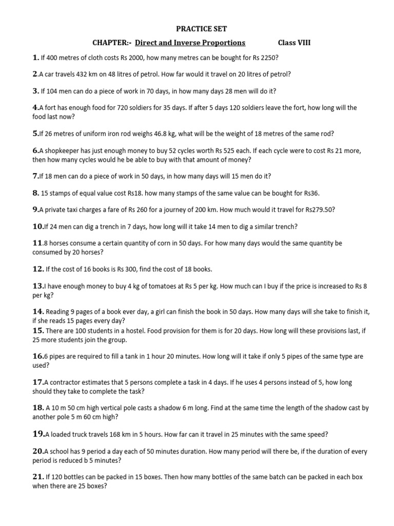 Practice Set Direct and Inverse Proportion | PDF