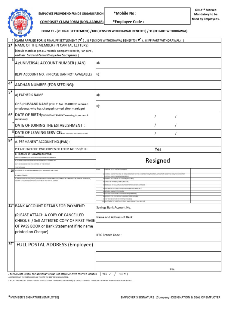 New Pf Withdrwal Form 19 & 10c (7) | PDF | Cheque | Personal Finance