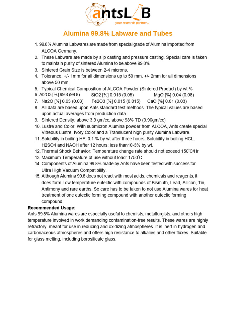 Alumina 99.8 Labware and Tubes | PDF | Aluminium Oxide | Sintering
