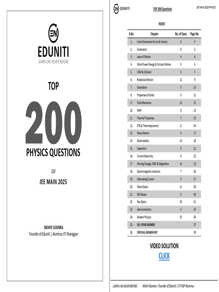 Challenge 4 - Top 200 Questions of JEE Main 2025 Physics | PDF ...