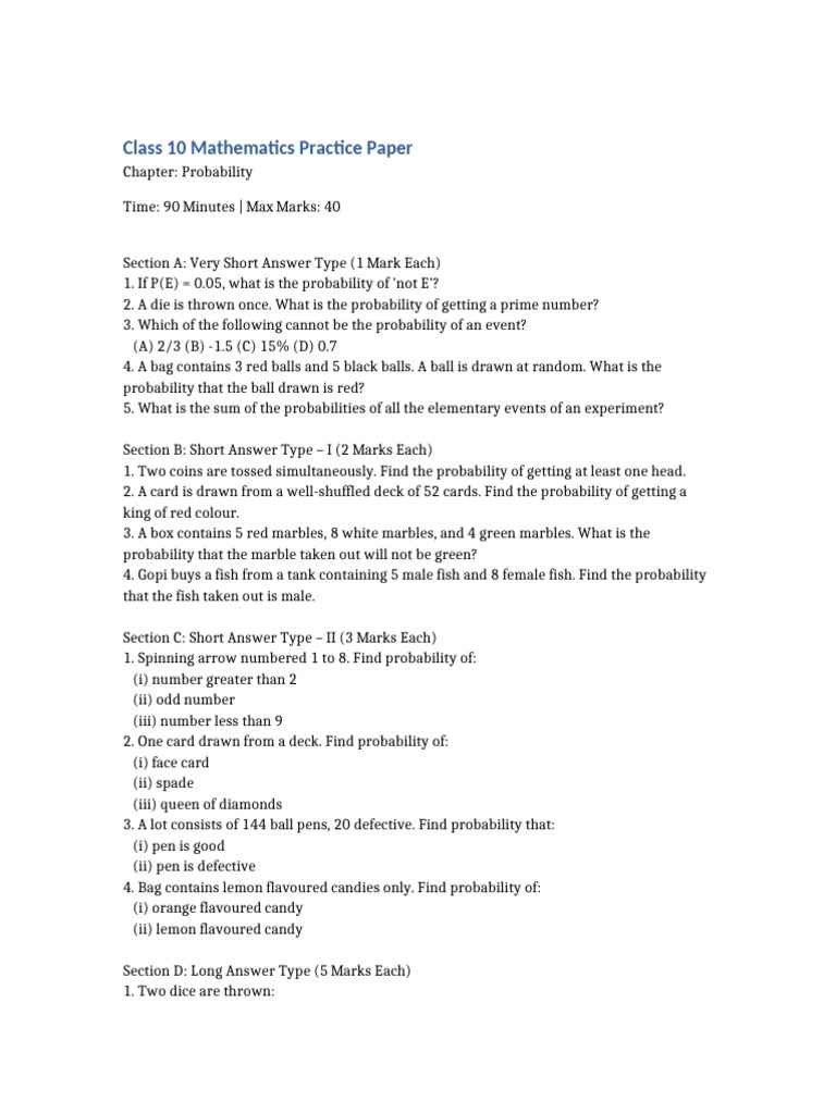 Class 10 Probability Practice Paper | PDF