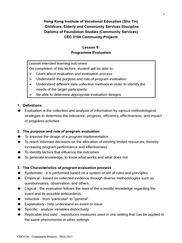 Lesson 9 Programme Evaluation | PDF | Methodology | Program Evaluation