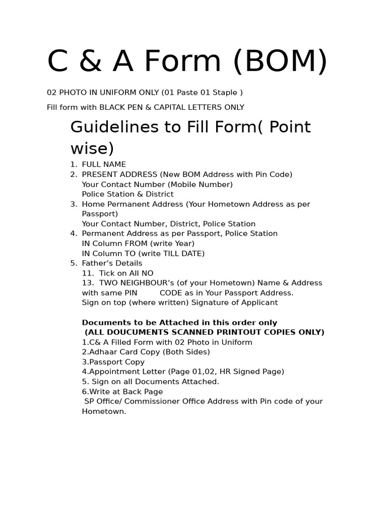Bom C& A Form Guidelines | PDF