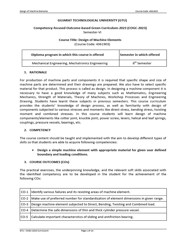 Syllabus Design of Machine Elements 4361903 | PDF | Bending | Machines
