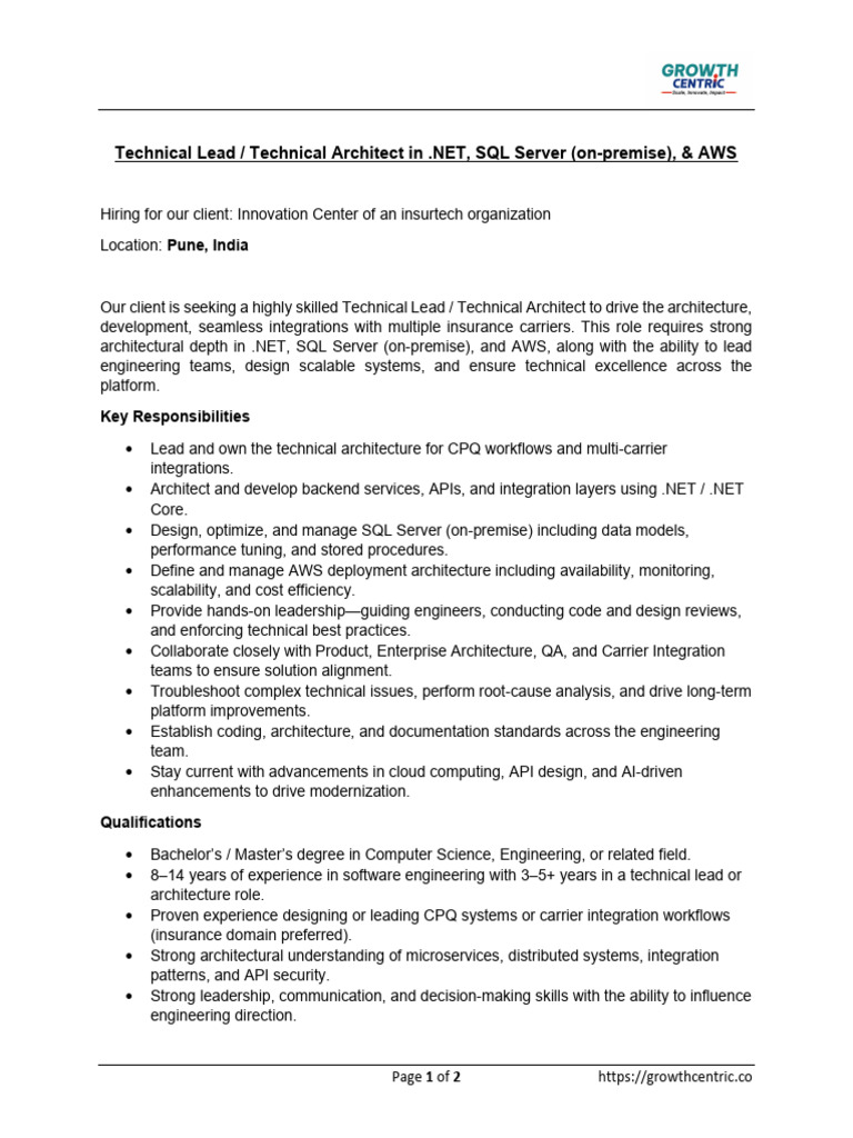 JD - Architect or Lead .NET, SQL Server (on-premise), & AWS (1) | PDF ...