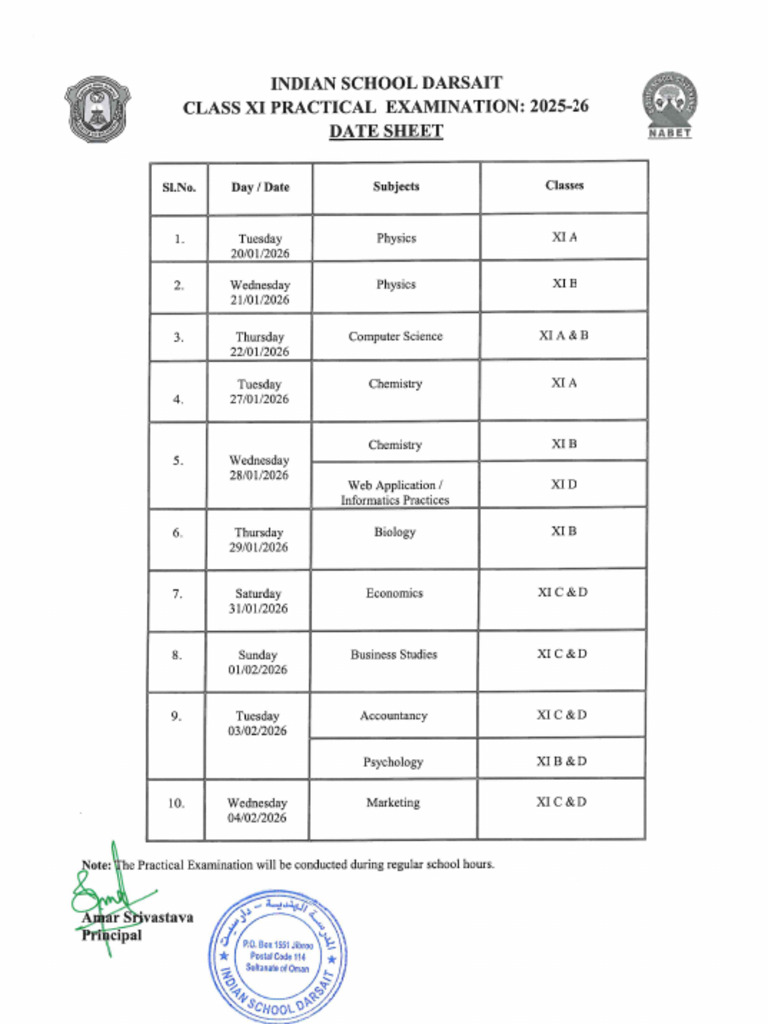 Class XI - Practical Examination - Date Sheet | PDF