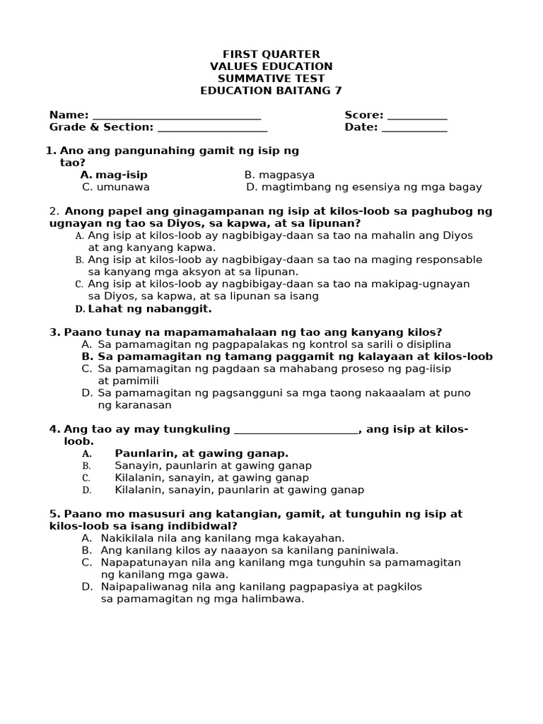 Values Education Summative Test | PDF