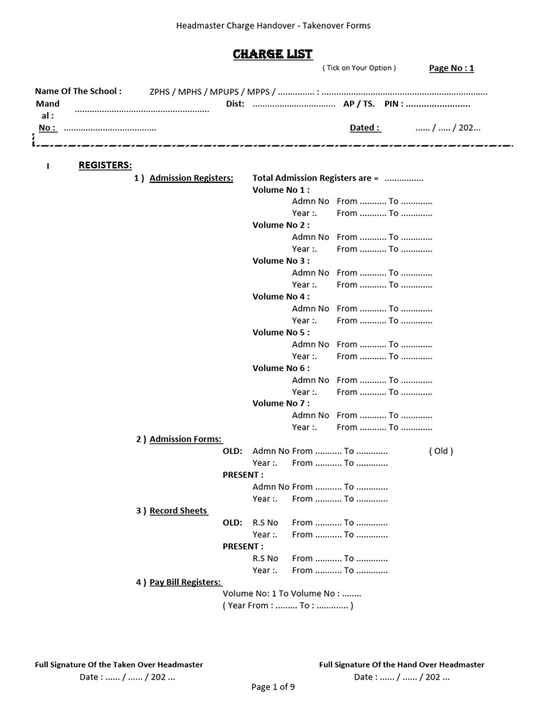 Headmaster Charge Handover - Takenover Forms | PDF