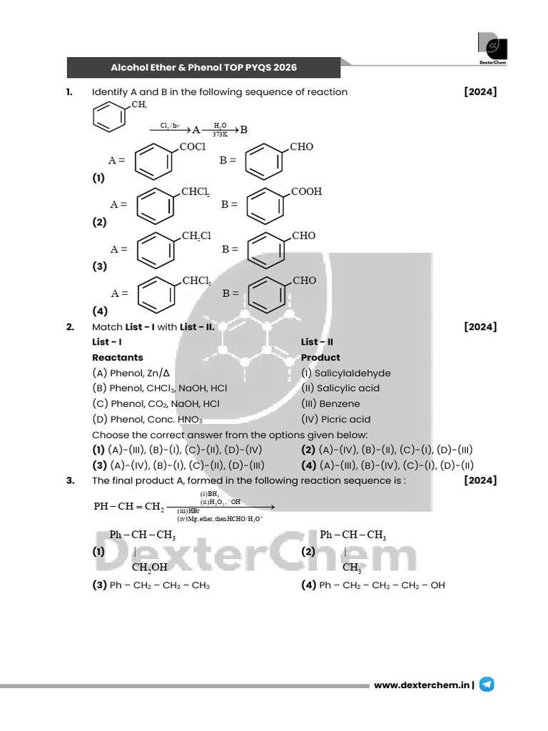 Top Pyqs 2021-2024 Alcohol Ether PhenoL SELF ATTEMPT | PDF | Ether ...