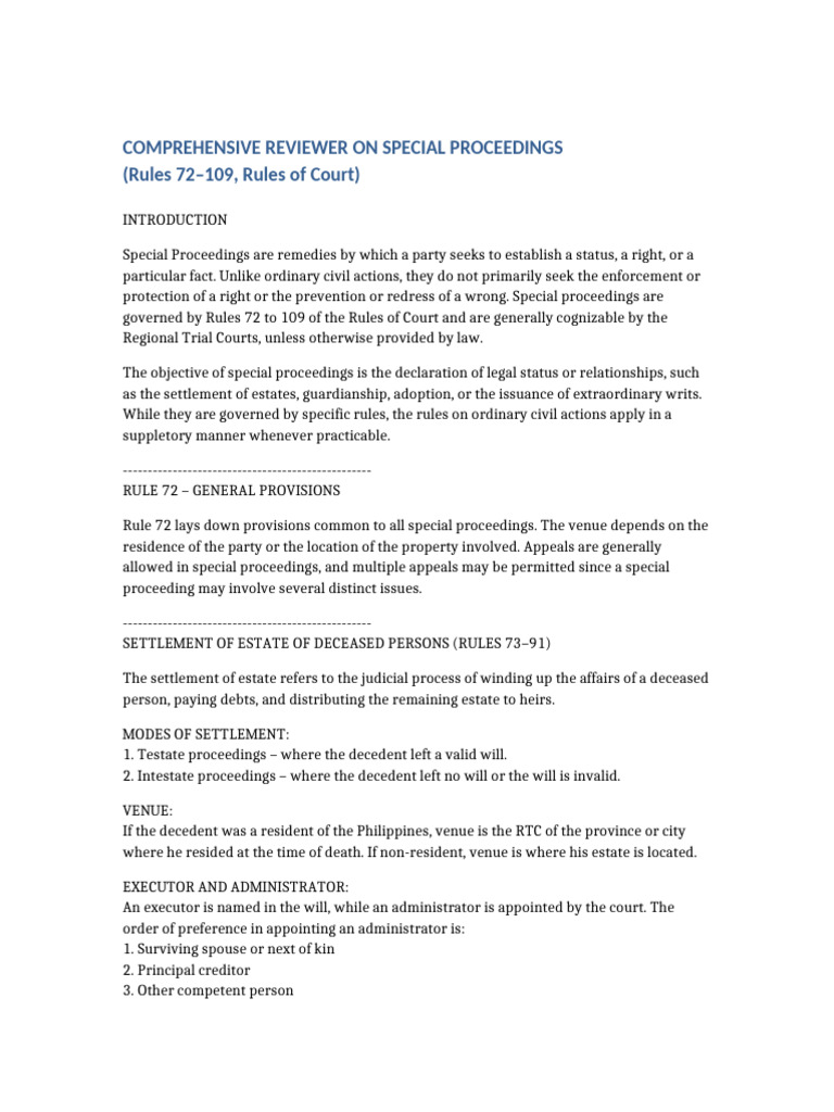 Comprehensive Special Proceedings Reviewer | PDF | Habeas Corpus | Will ...