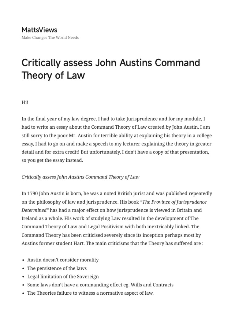 Critically Assess John Austins Command Theory of Law – MattsViews | PDF ...