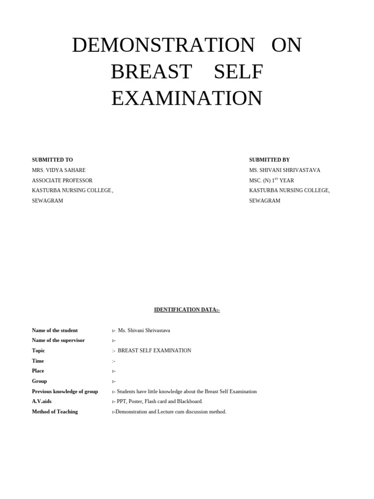 DEMONSTRATION ON BREAST SELF EXAMINATION | PDF | Breast Cancer | Breast