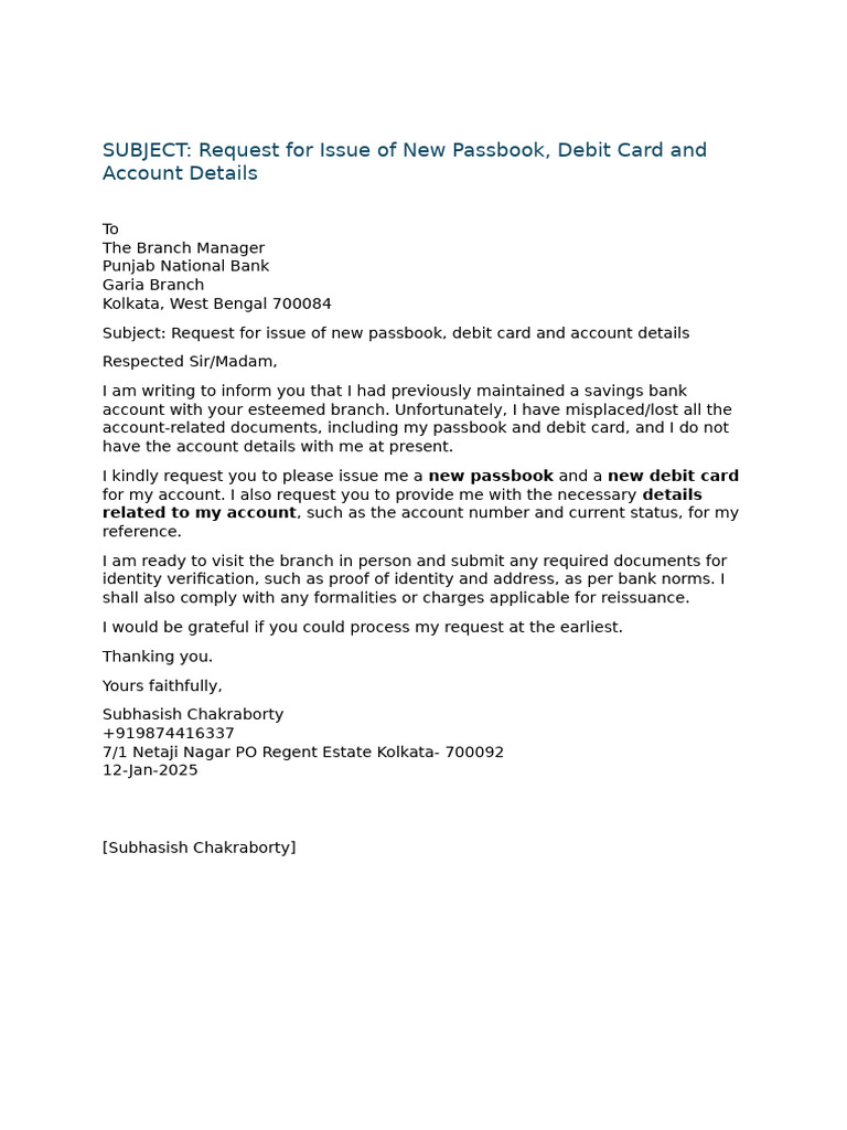 SUBJECT: Request For Issue of New Passbook, Debit Card and Account ...