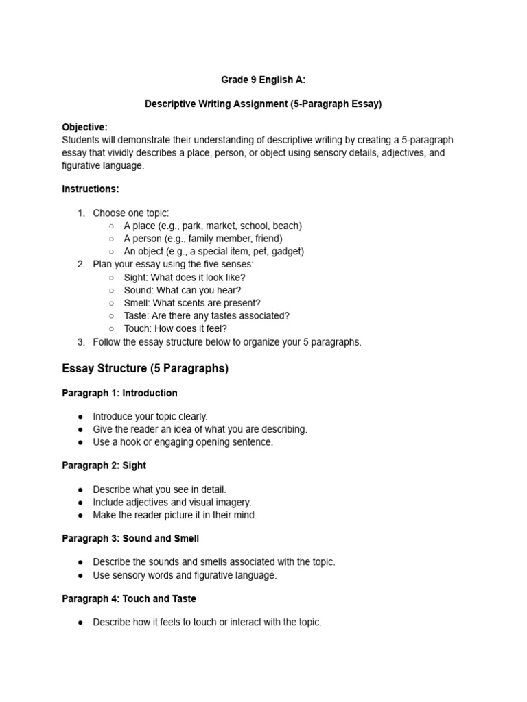 Descriptive Writing Assignment | PDF