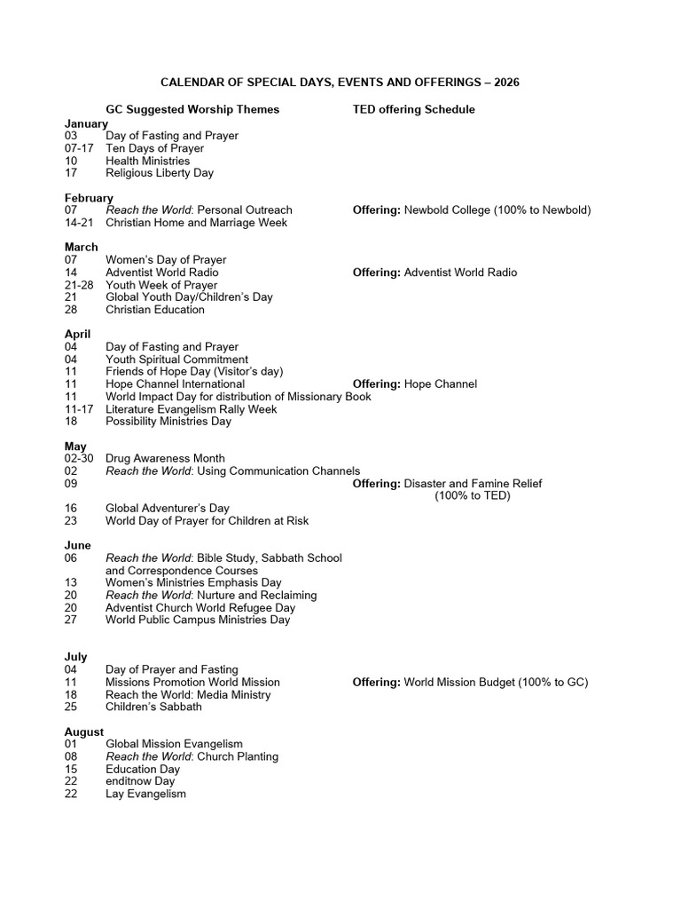 2026 Calendar of Special Days Events Offerings | PDF | Christian ...