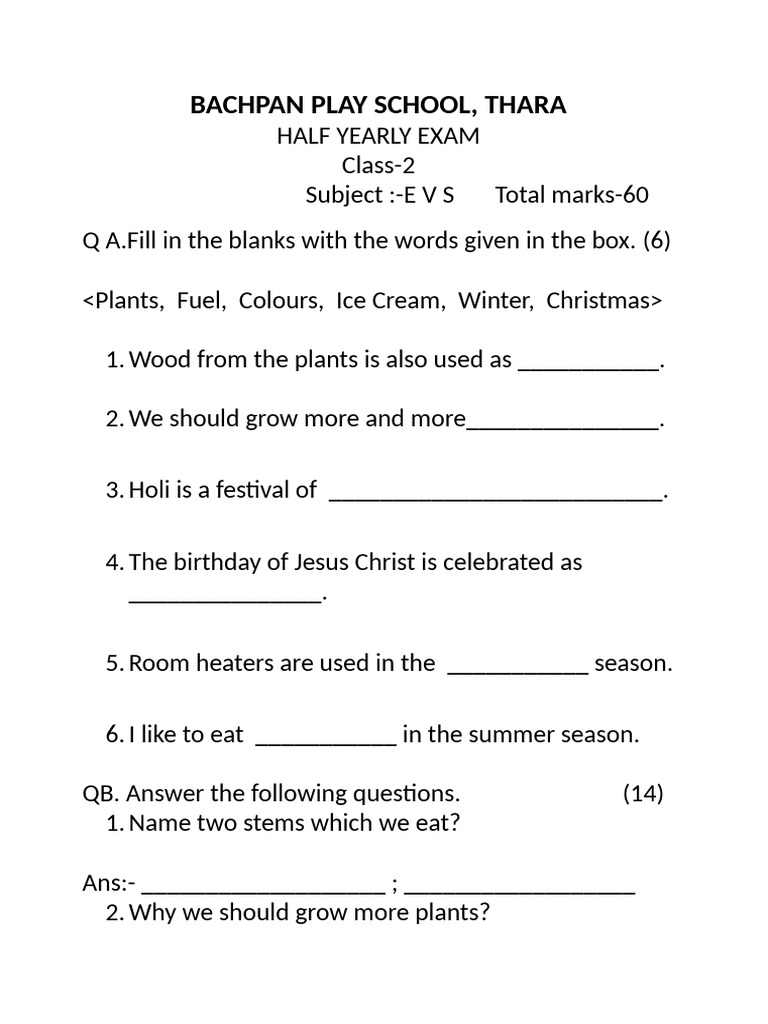 Class 2 EVS Half Yearly | PDF