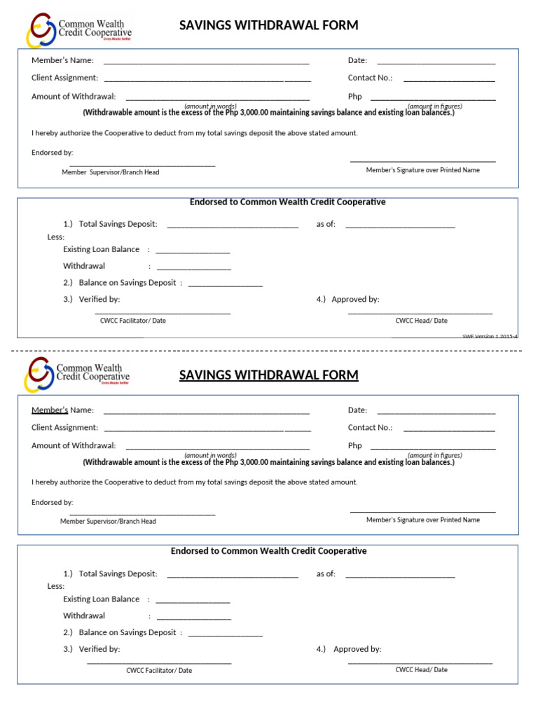 Savings Withdrawal Form | PDF | Personal Finance | Banking