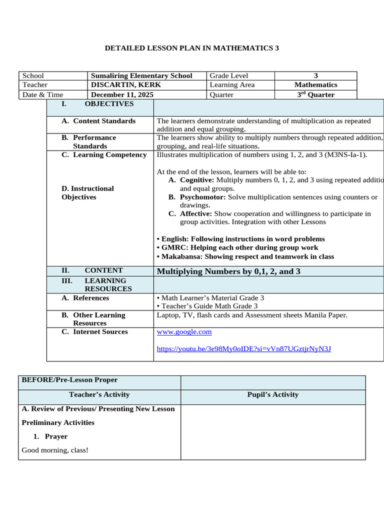 Detailed-lesson-plan-In-math Ni Kerk Grade 3 | PDF | Lord's Prayer ...