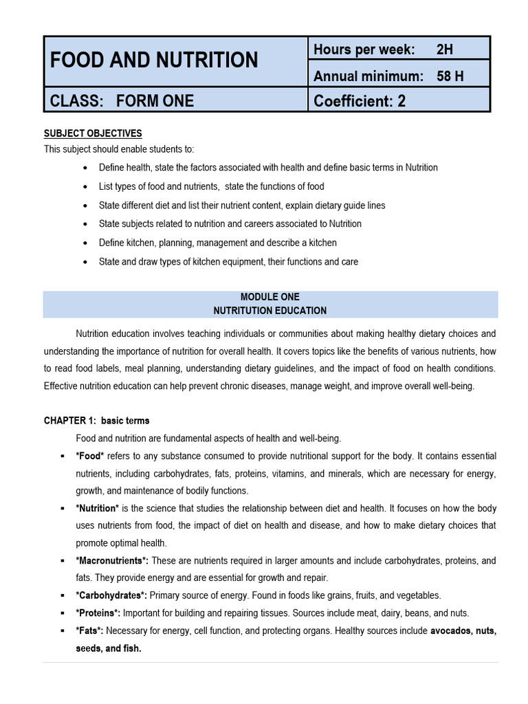 Food & Nutrition - Form 1 Final | PDF | Diet & Nutrition | Diet (Nutrition)