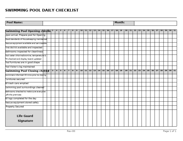 Swimming Pool Daily Checklist | PDF