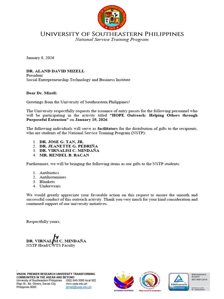 Letter For Entry Pass - Usep - 2026jan19 | PDF