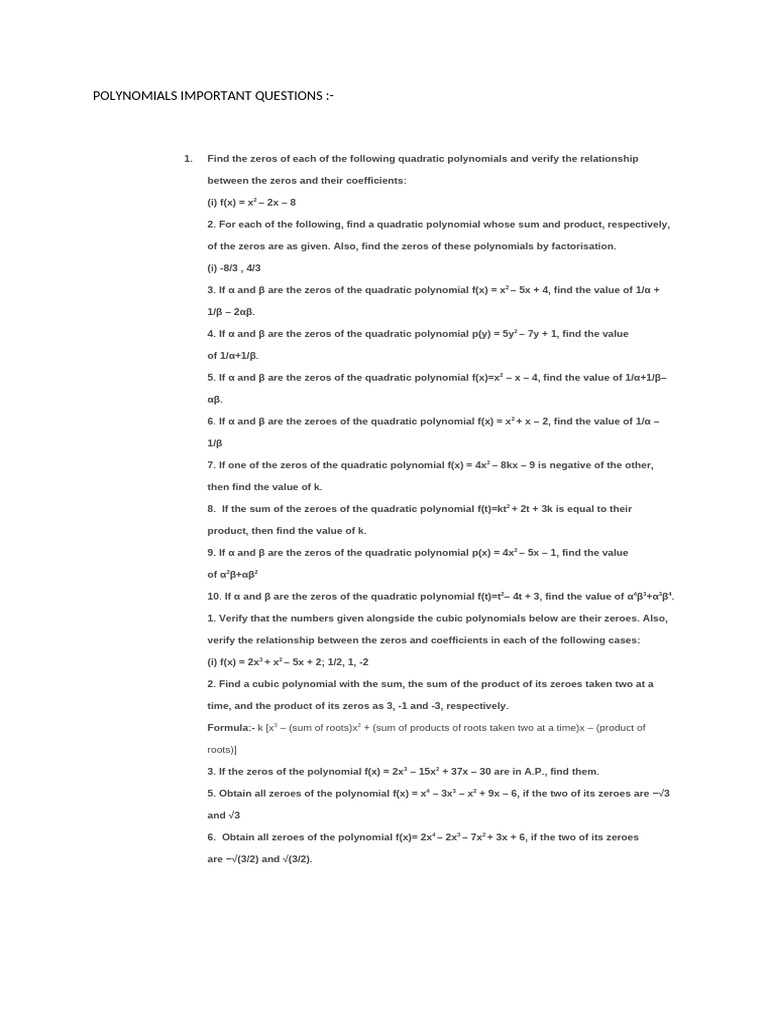 Polynomials Important Questions | PDF | Zero Of A Function | Polynomial
