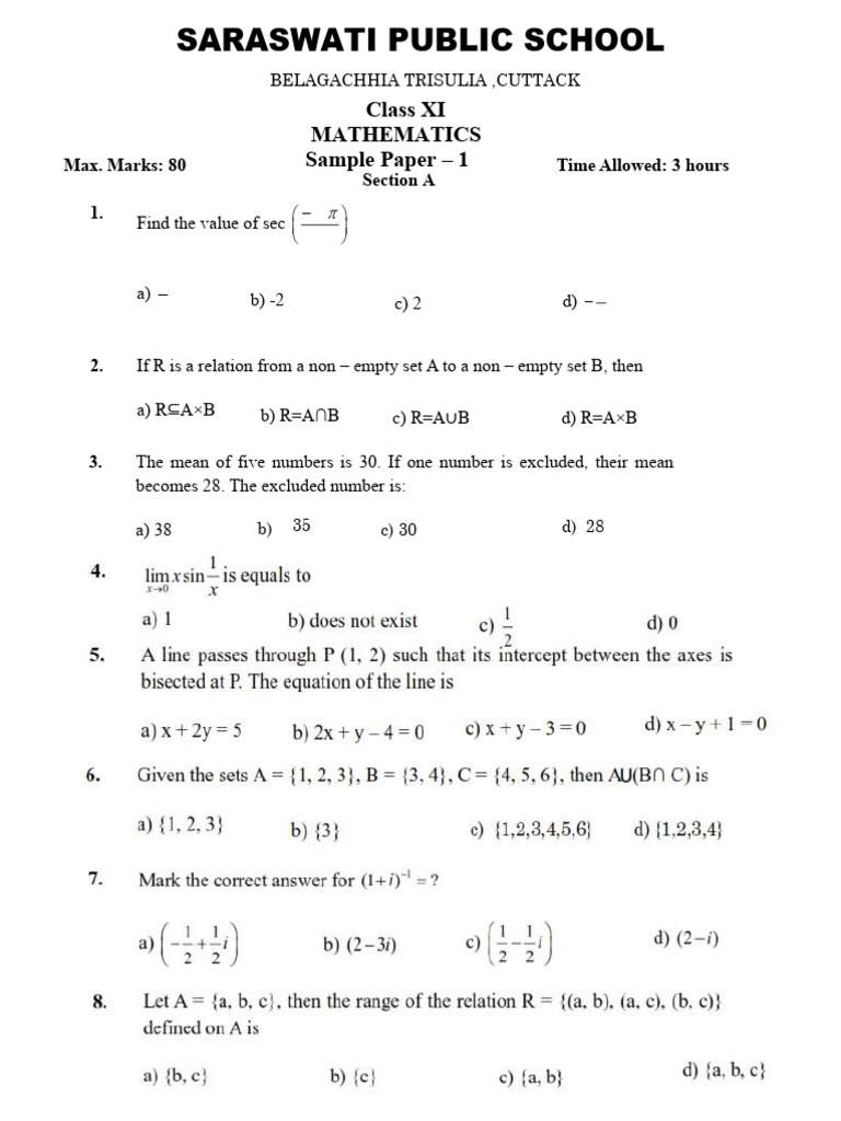 Cbse Xi Sample Paper 1 2025 Sgi Xi | PDF | Mathematics | Geometry