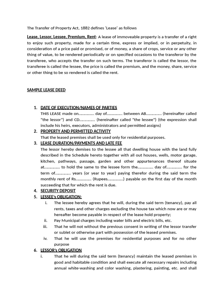Lease and Sample Lease Deed | PDF | Lease | Contract Law