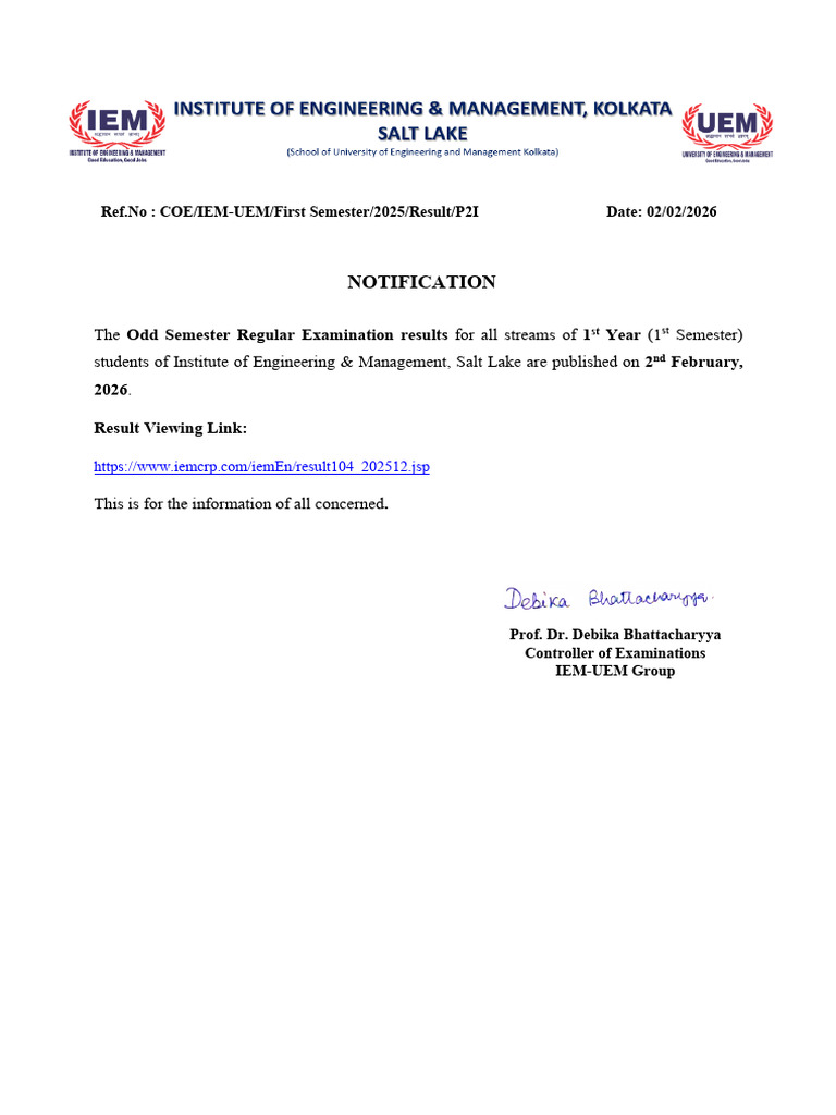 Notice - Odd Semester 2025 - P2I - 1styears - IEMS | PDF
