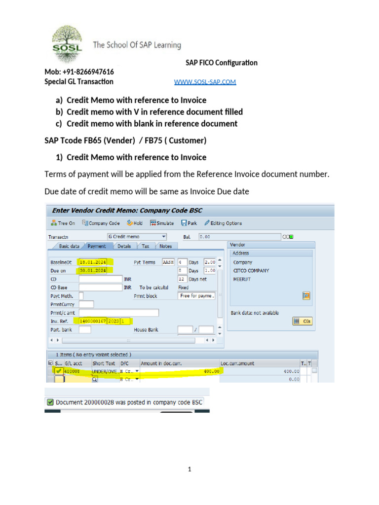 Sap Fico Credit Memo | PDF