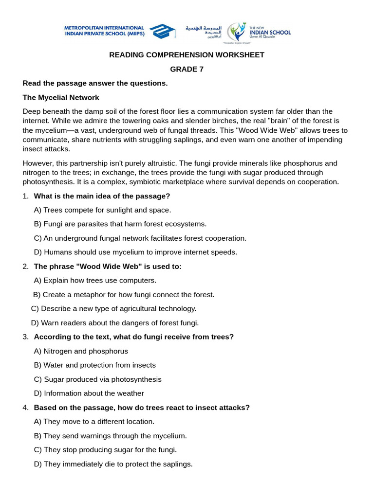 Reading Comprehension Worksheet - Grade 7 | PDF | Trees | Biology