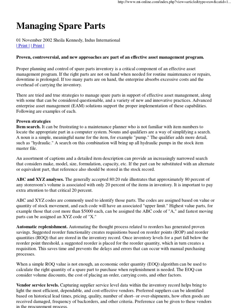 Managing Spare Parts PDF Lean Manufacturing Inventory