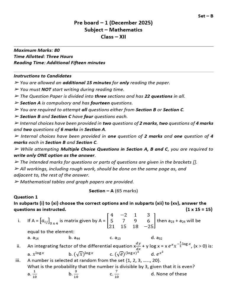 Pre Board 1 Maths 12 B | PDF | Matrix (Mathematics) | Linear Algebra
