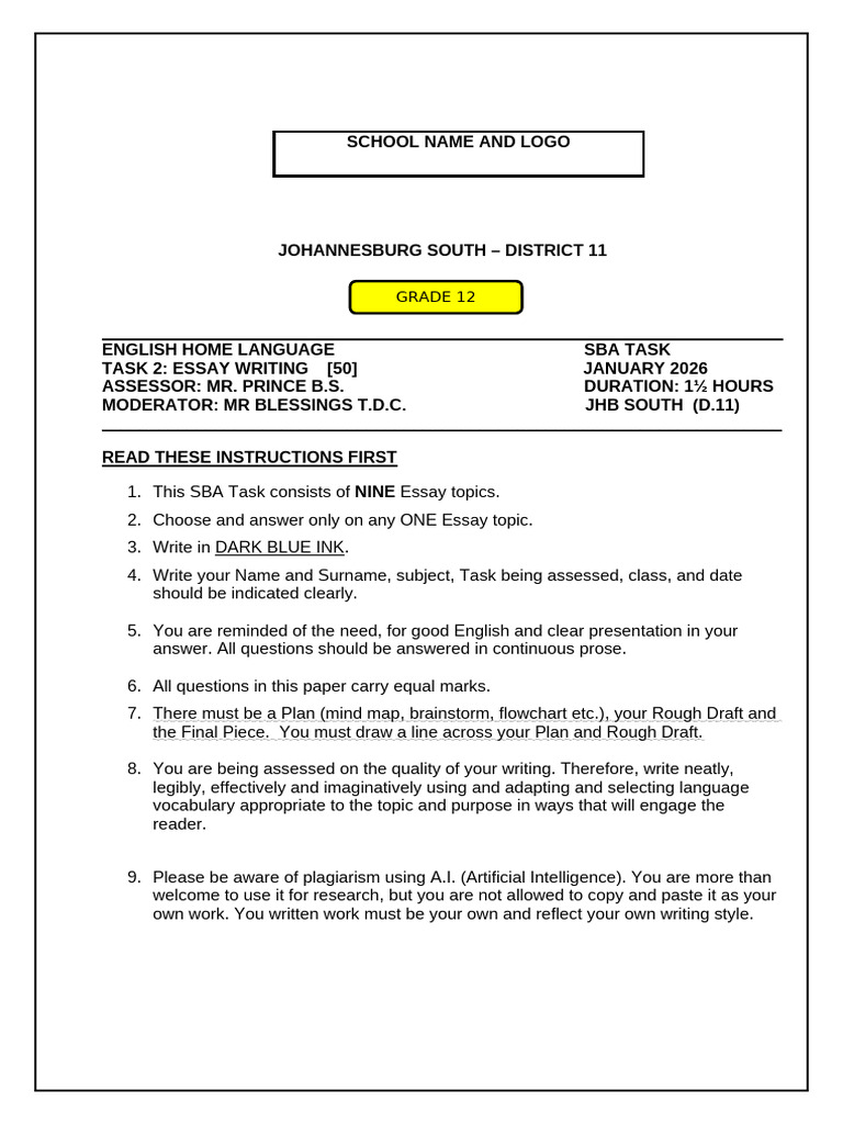 Prince Grade 12 Task 2 Essay Writing - Jan. 2026 | PDF | Human ...