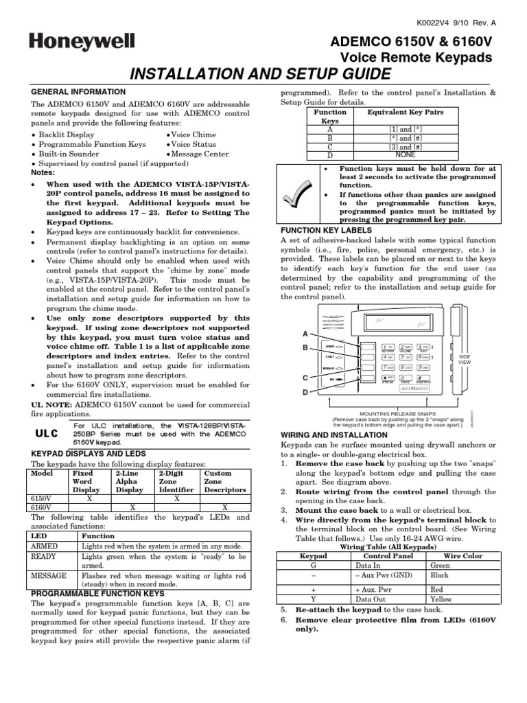 Honeywell 6150V Honeywell 6160V Install Guide | Security Alarm | Backlight