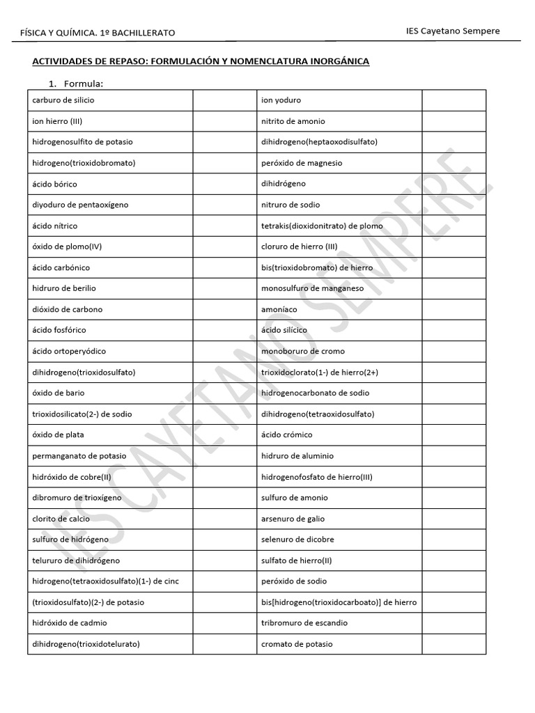 Actividades de Repaso Formulación | PDF | Ácido | Compuesto inorgánico