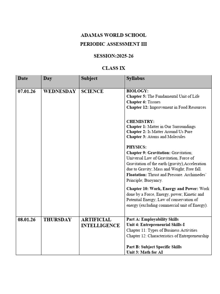 Class Ix Revised Pa III Exam Schedule and Syllabus | PDF | Gravity | Force