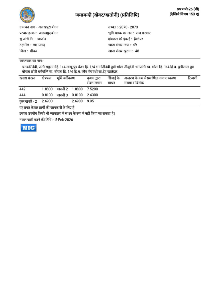 Apnakhata, Land Records of Rajasthan State, Government of Rajasthan | PDF